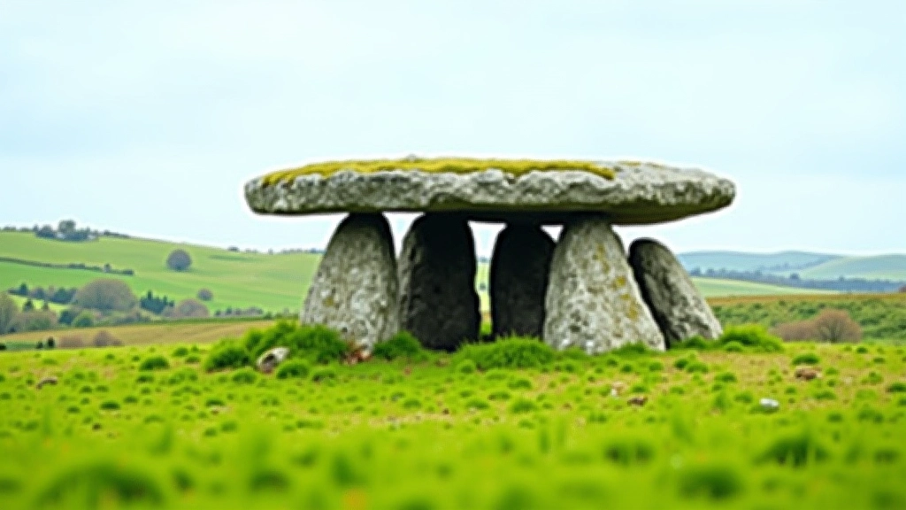 Dolmen structure with large capstone balanced on upright stones in open landscape