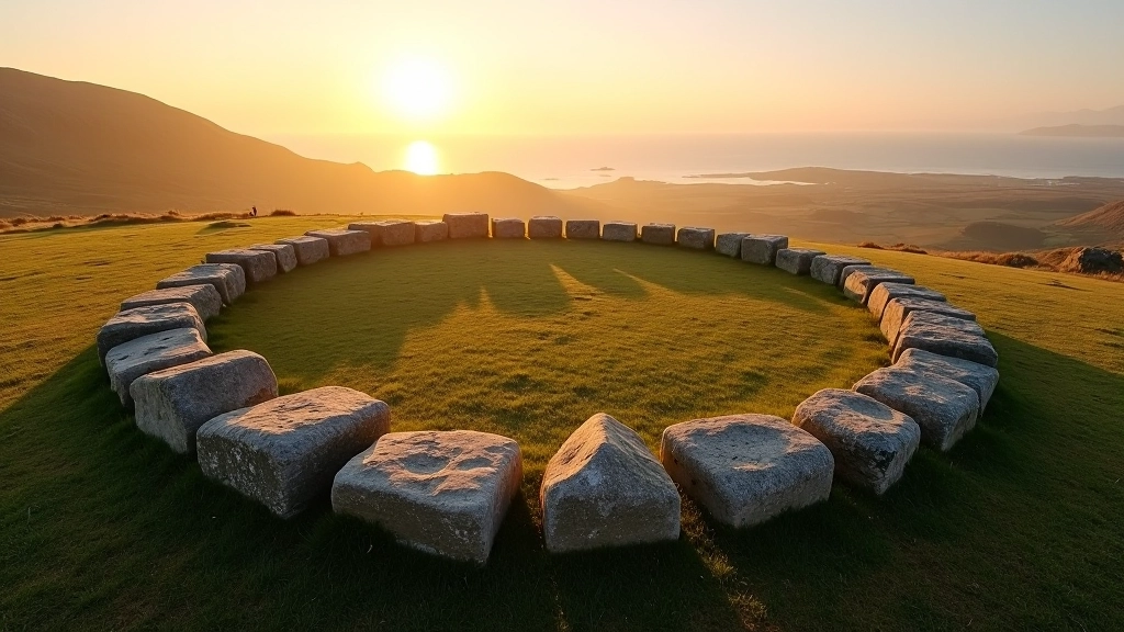 Ancient stone circle at sunrise with weathered rocks in perfect formation