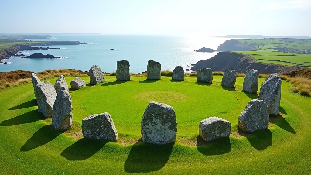 Ancient stone circle with thirteen weathered rocks arranged in a perfect circle, green hillside and coastal vista beyond