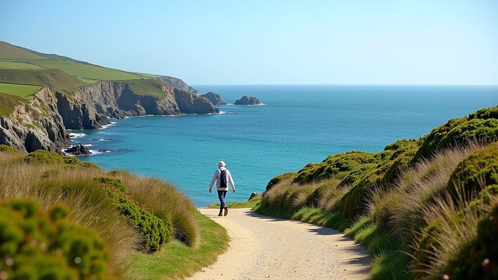 Glandore harbour coastal pathway with seaside cliffs, blue water, and walking trail through natural landscape