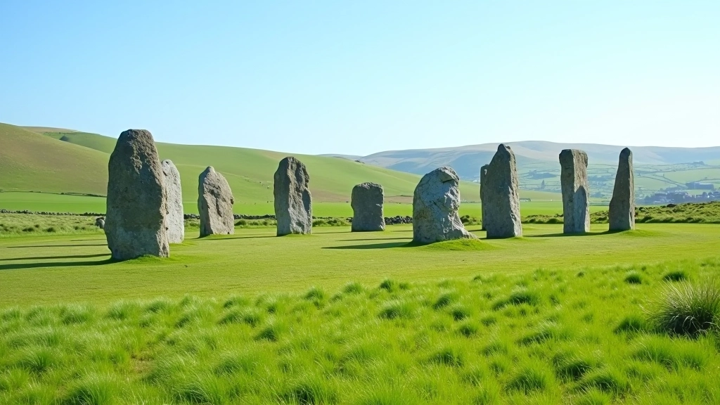 Ancient stone circle with weathered rocks arranged in a perfect circle against a blue sky