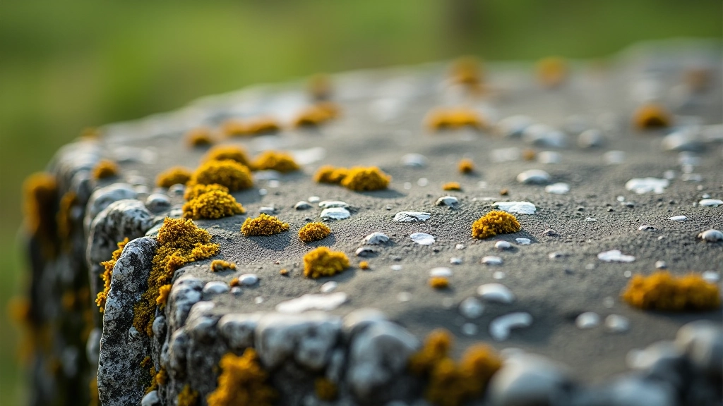 Close-up of weathered ancient stone with lichen patterns and textured surface