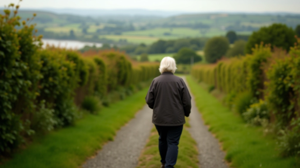 Older adult walking on a rural path with rolling countryside and hedgerows