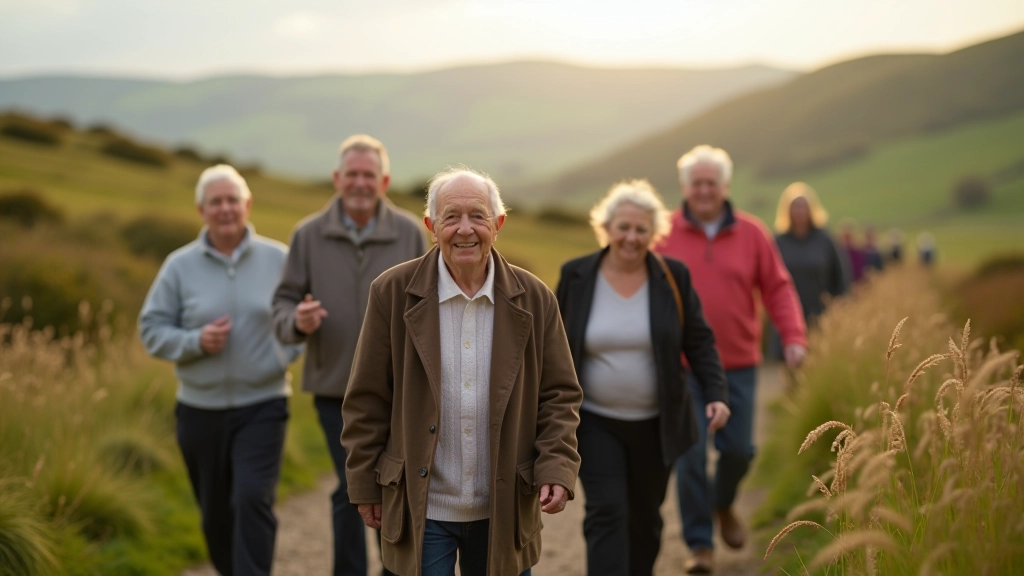 Group of pensioners walking together on scenic countryside path through West Cork, enjoying outdoor walking activity