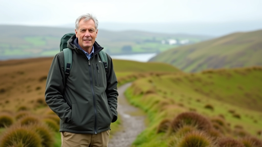 Person wearing hiking boots and jacket standing on a hillside footpath, scenic landscape stretching behind them