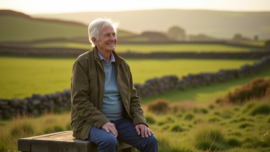 Elderly person resting on a wooden bench overlooking Irish countryside and stone walls