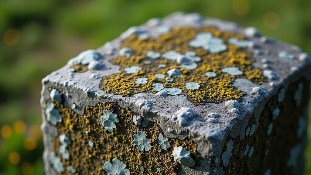 Close-up detail of weathered ancient stone surface with lichen and moss patterns, texture showing centuries of exposure