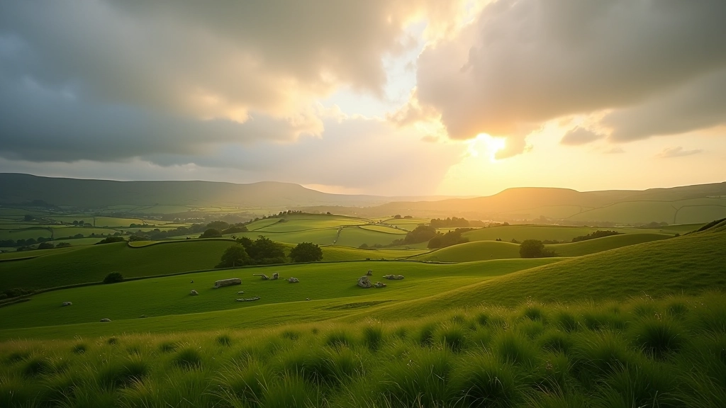 Wide landscape view showing rolling green hills with ancient stone circle in distance, cloudy Irish sky overhead