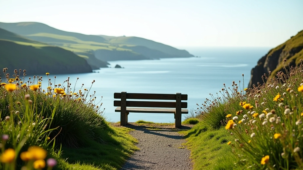 Scenic wooden bench overlooking coastal bay with calm water and green hills